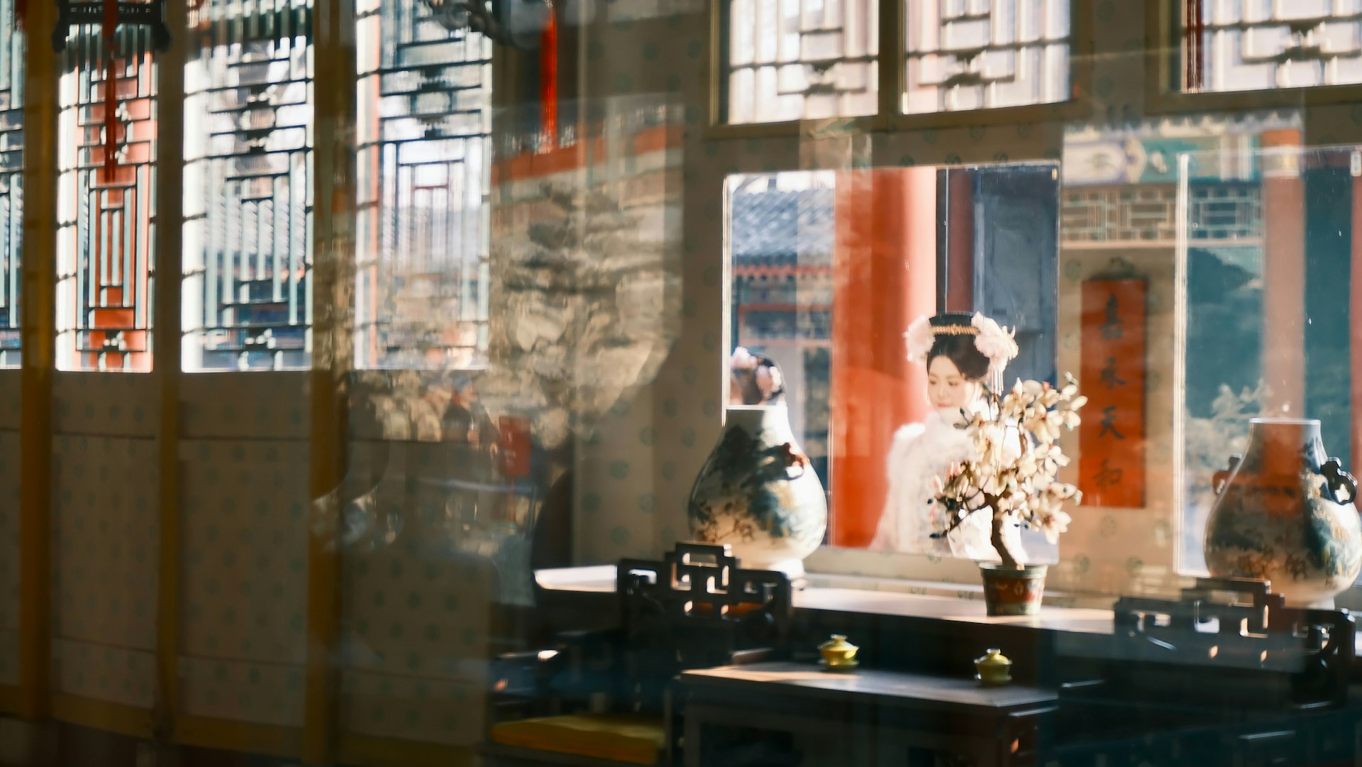 Woman in traditional attire by a window